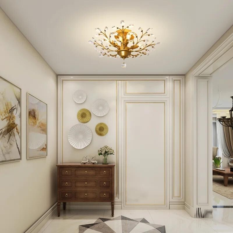 Gold Vintage Crystal Chandelier Flush Ceiling Light E14 Pendant 4-Light