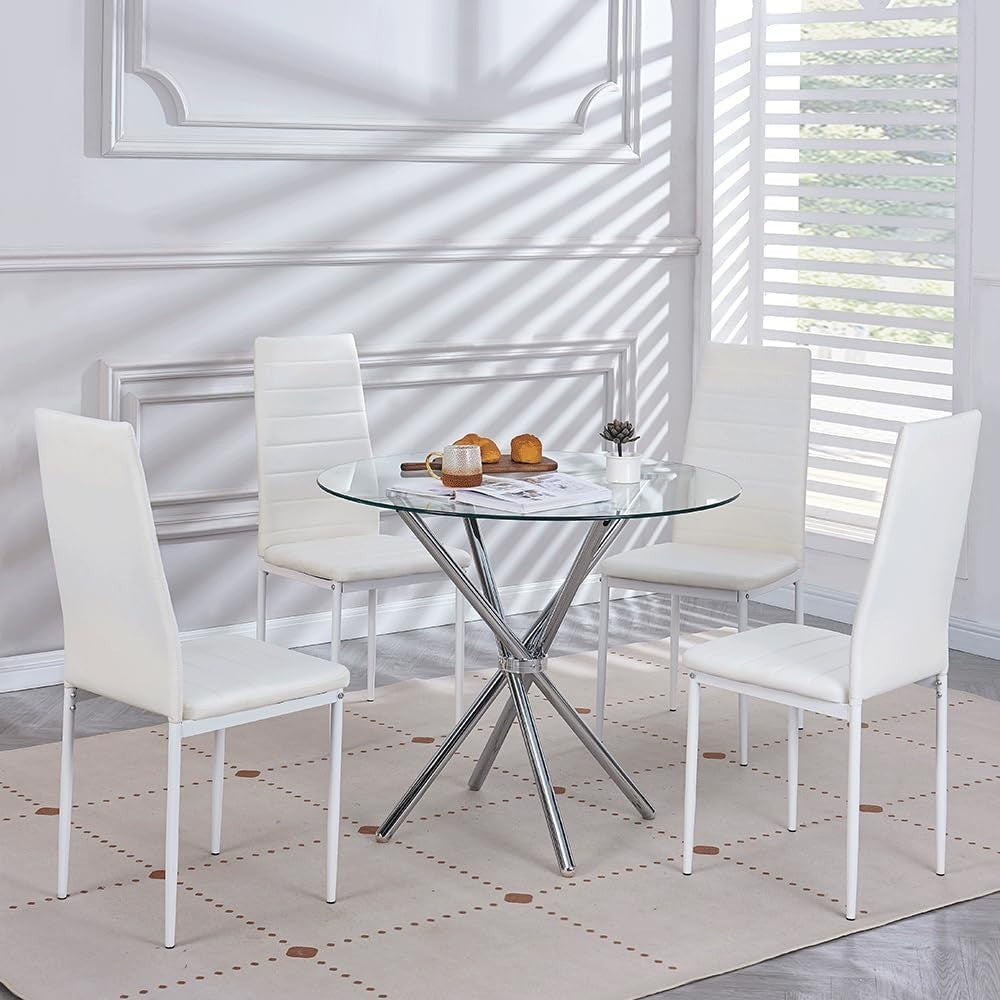 Round Glass Dining Table Set 4 Seater 90cm Silver White Faux Leather
