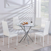 Round Glass Dining Table Set 4 Seater 90cm Silver White Faux Leather