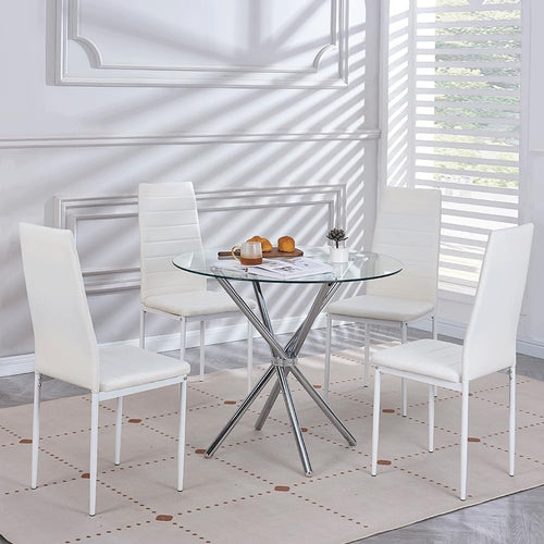Round Glass Dining Table Set 4 Seater 90cm Silver White Faux Leather