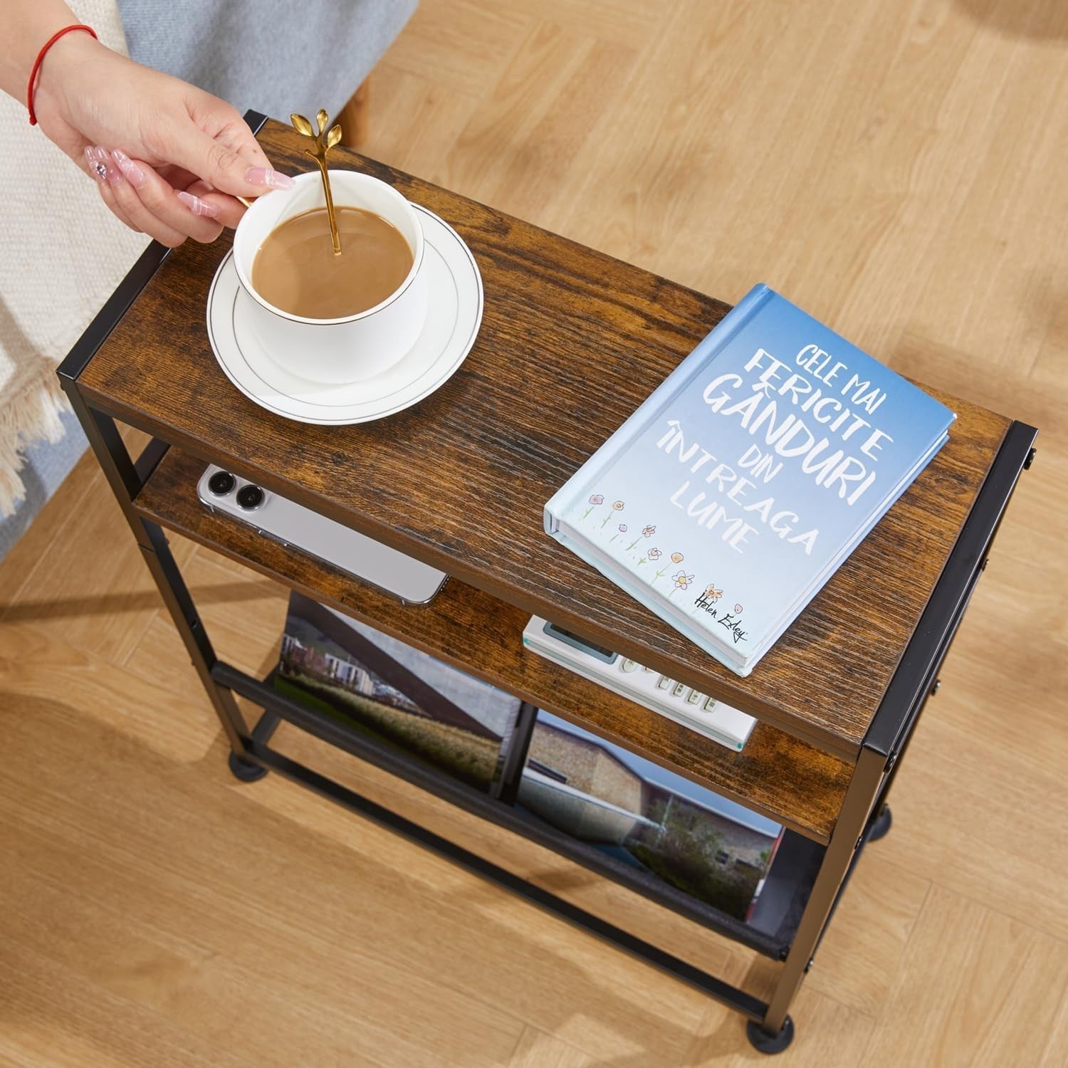 Slim Rustic Side Table with Magazine Rack – Narrow End Table for Sofa Bed