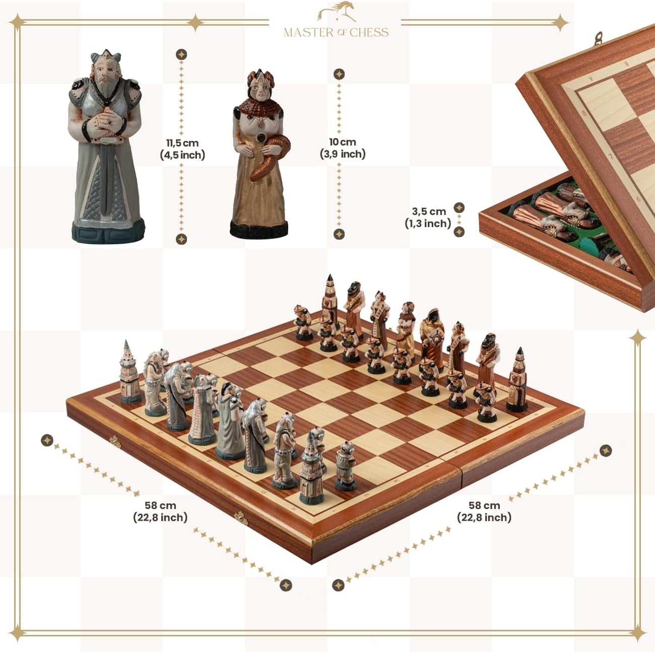 58cm Medieval Fantasy Chess Set | Stone Figures & Inlaid Wooden Board | Handcraf