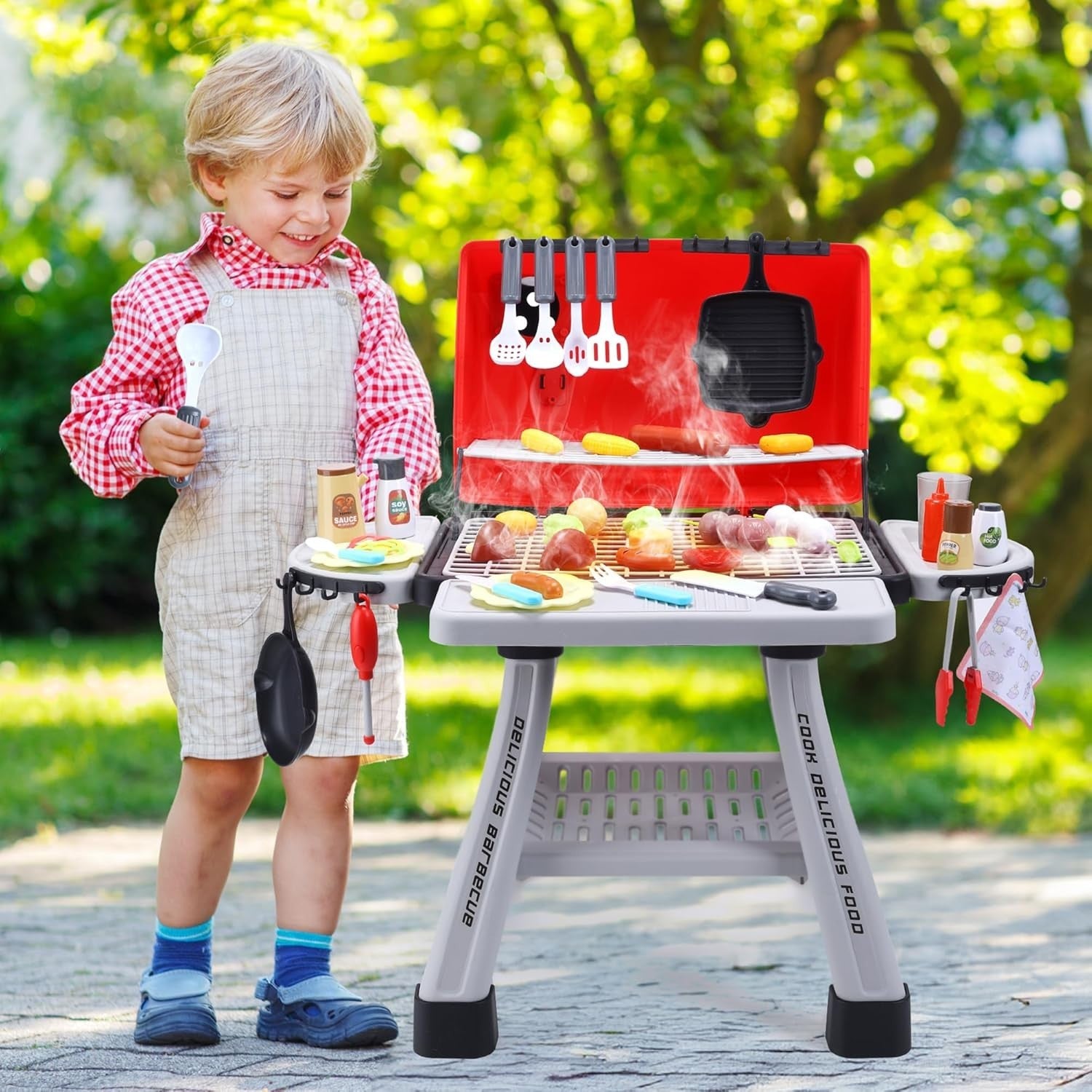 Kids BBQ Grill Playset Smoke Lights Sounds Pretend Kitchen Toy Set