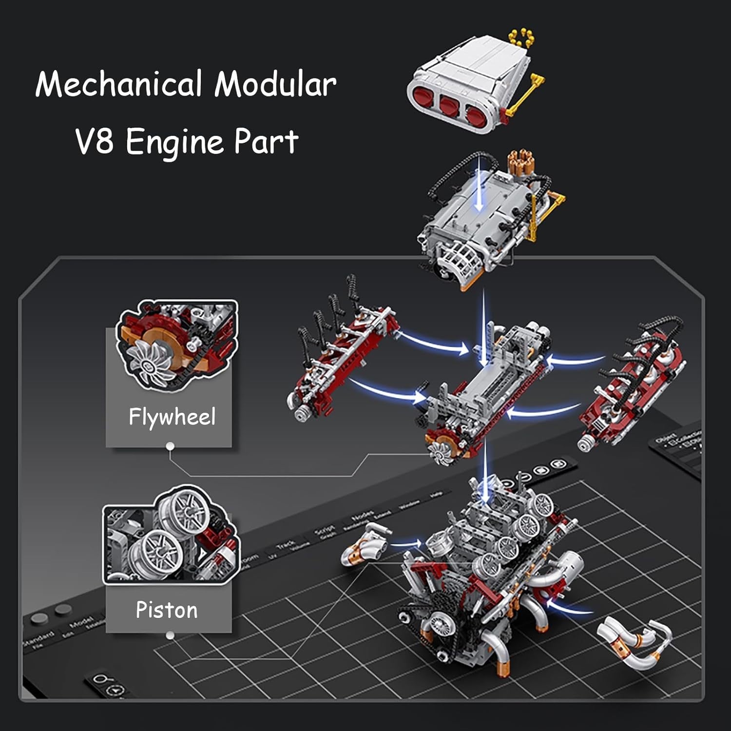 DIY V8 Engine Model Kit with Motor, STEM Building Toy, 2347pcs, Real Mechanics