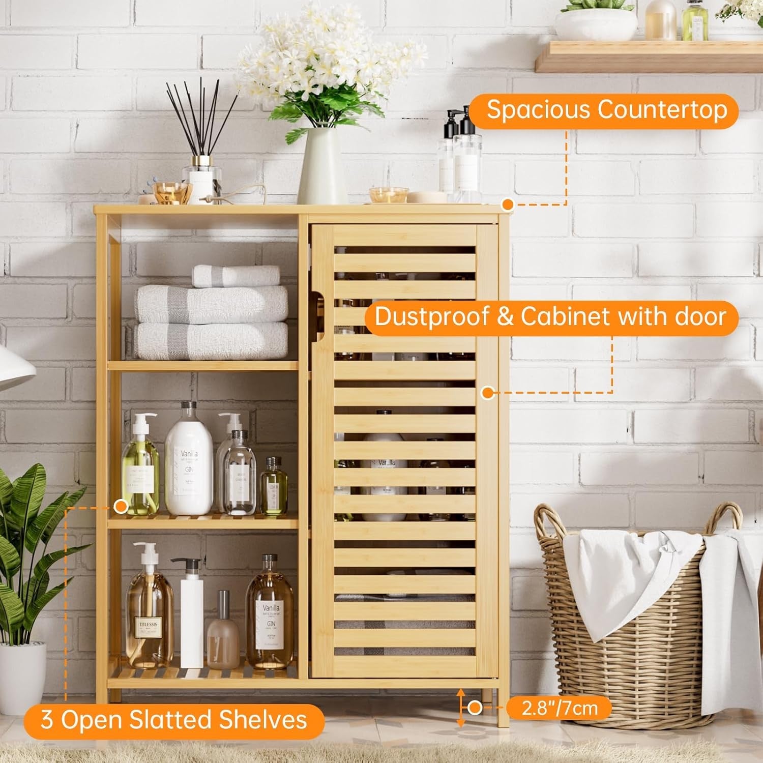 Natural Bamboo Storage Cabinet with Door & Shelves Modern 63x33x87cm