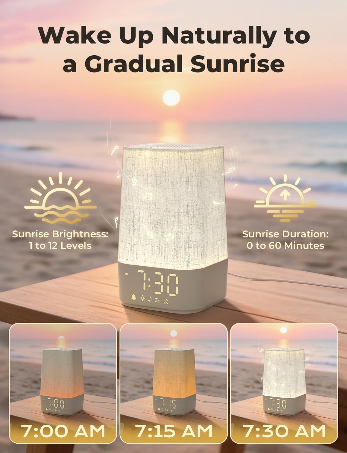 Sunrise Alarm Clock Wake Up Light White Noise Night Lamp Dual Alarm