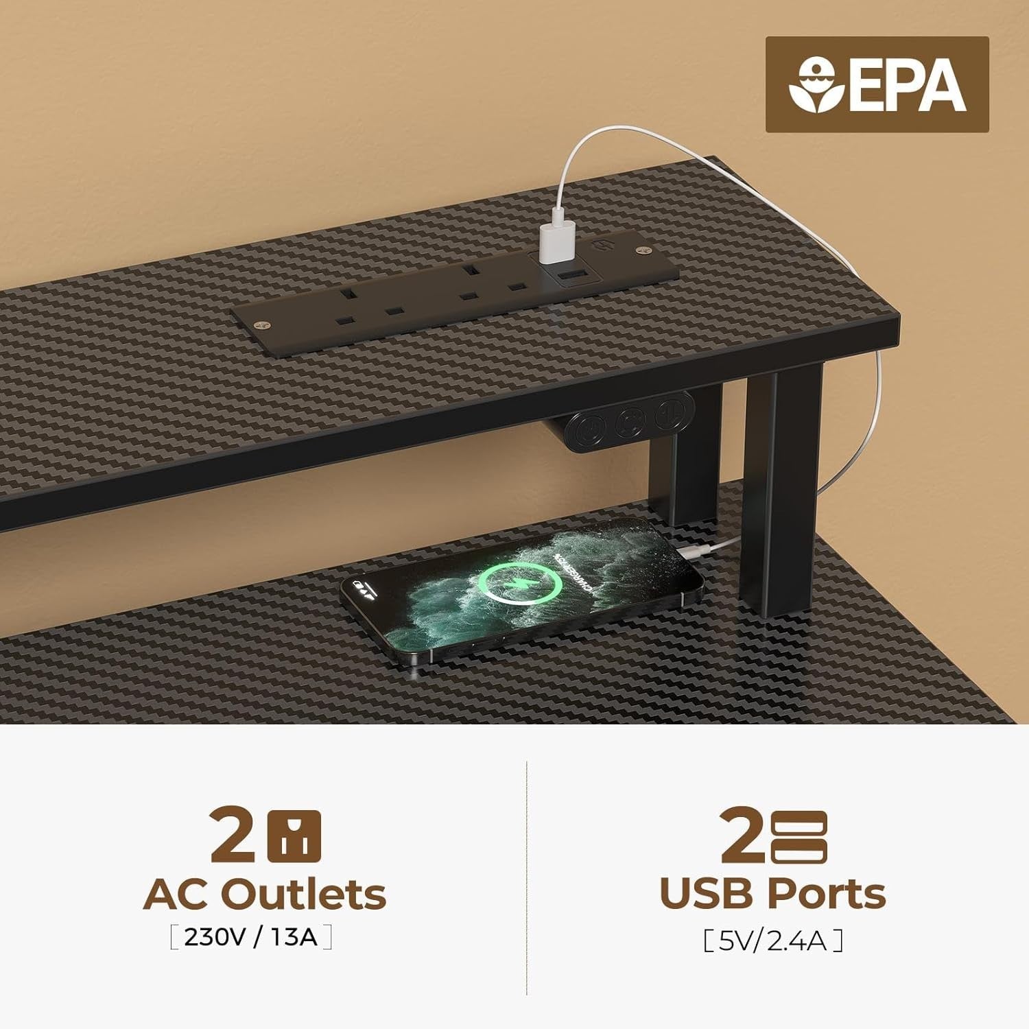 Black 120cm Gaming Desk with Drawers, LED Lights & Power Outlets