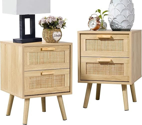 Natural Rattan Bedside Tables Set of 2, Wooden Nightstands with Storage Drawers
