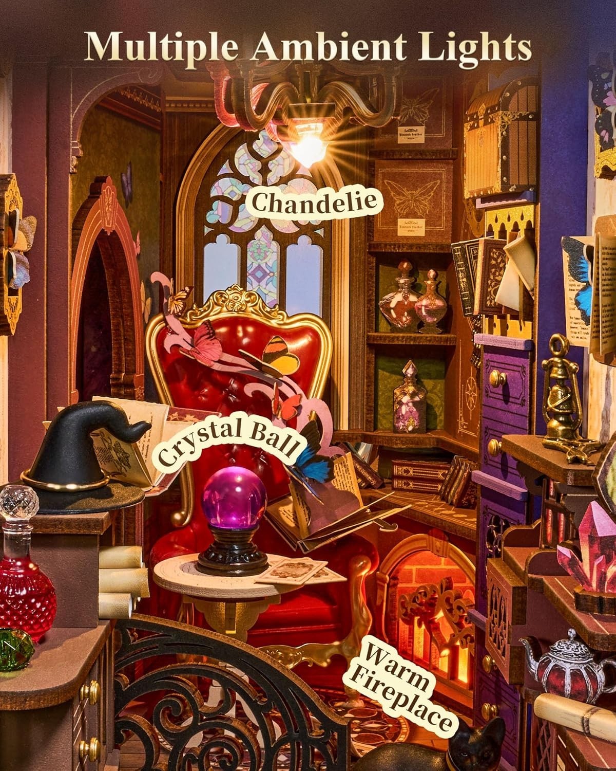 Magic Fantasy Book Nook DIY Miniature House Kit LED Wooden Bookshelf Decor