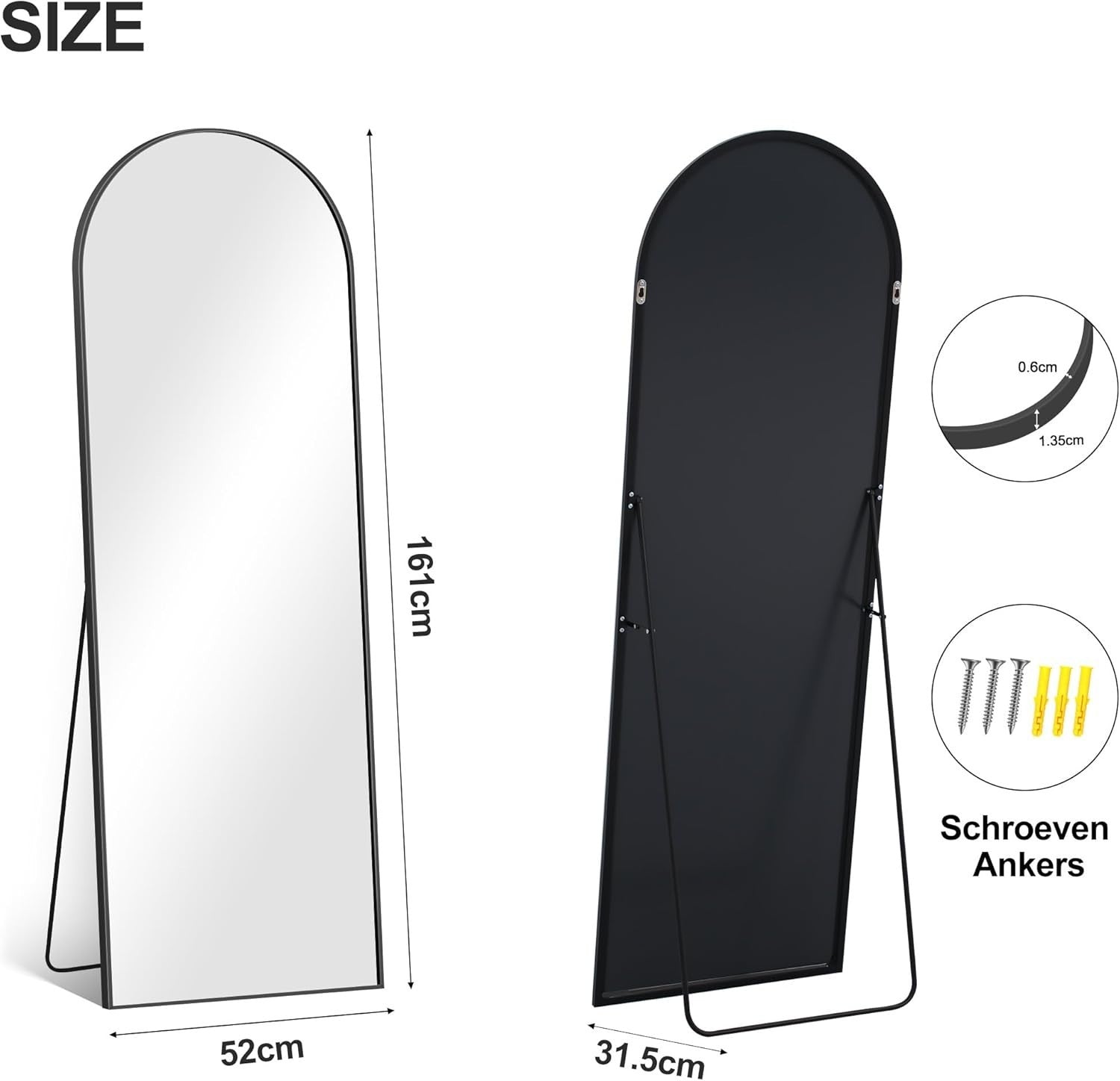 Black Arch Full Length Mirror 161x52cm Wall Leaning Floor Mirror Modern