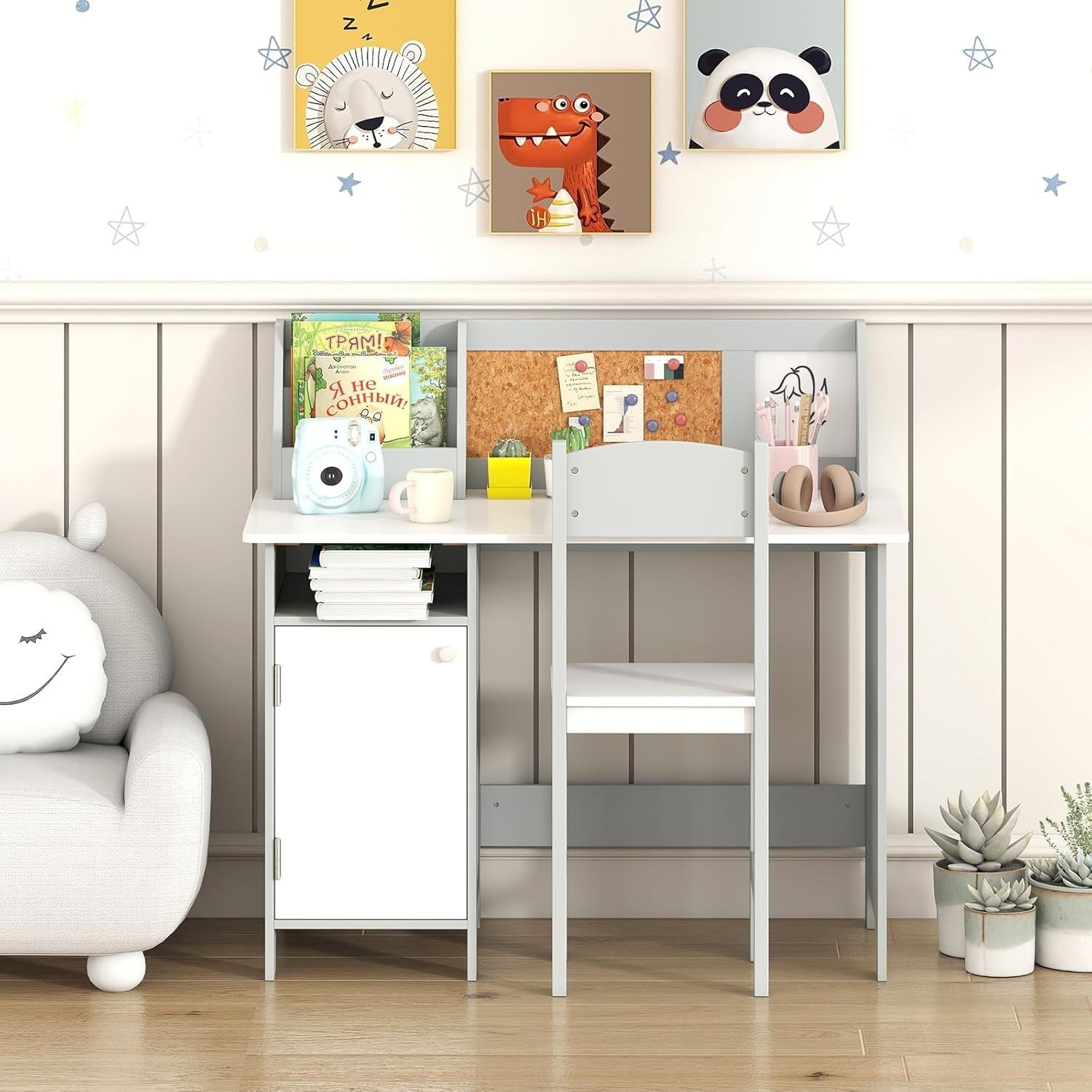 Kids Study Desk & Chair Set with Storage, Cork Board, Ergonomic Comfort