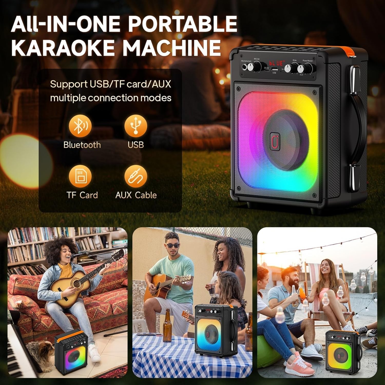 Portable Karaoke Machine 2 Wireless Mics Bluetooth PA Speaker LED