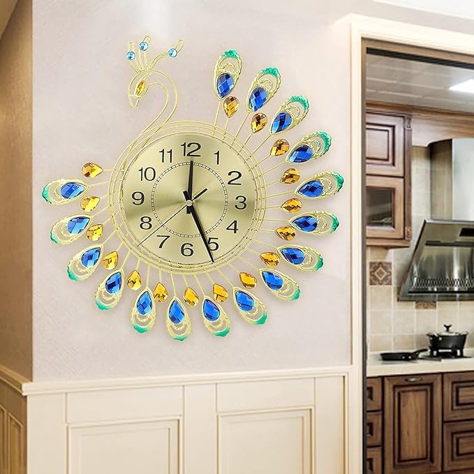 Large 3D Peacock Wall Clock Silent Luxury Metal Decorative Art 37cm Home