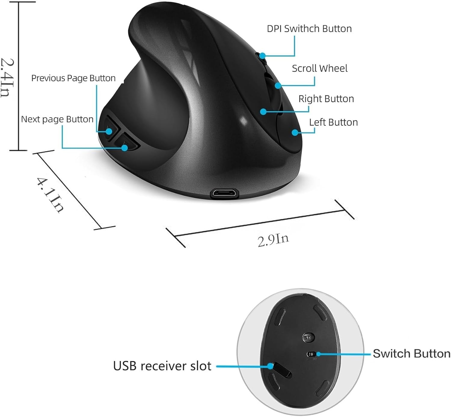 Left Handed Vertical Ergonomic Mouse Wireless 1600 DPI Rechargeable