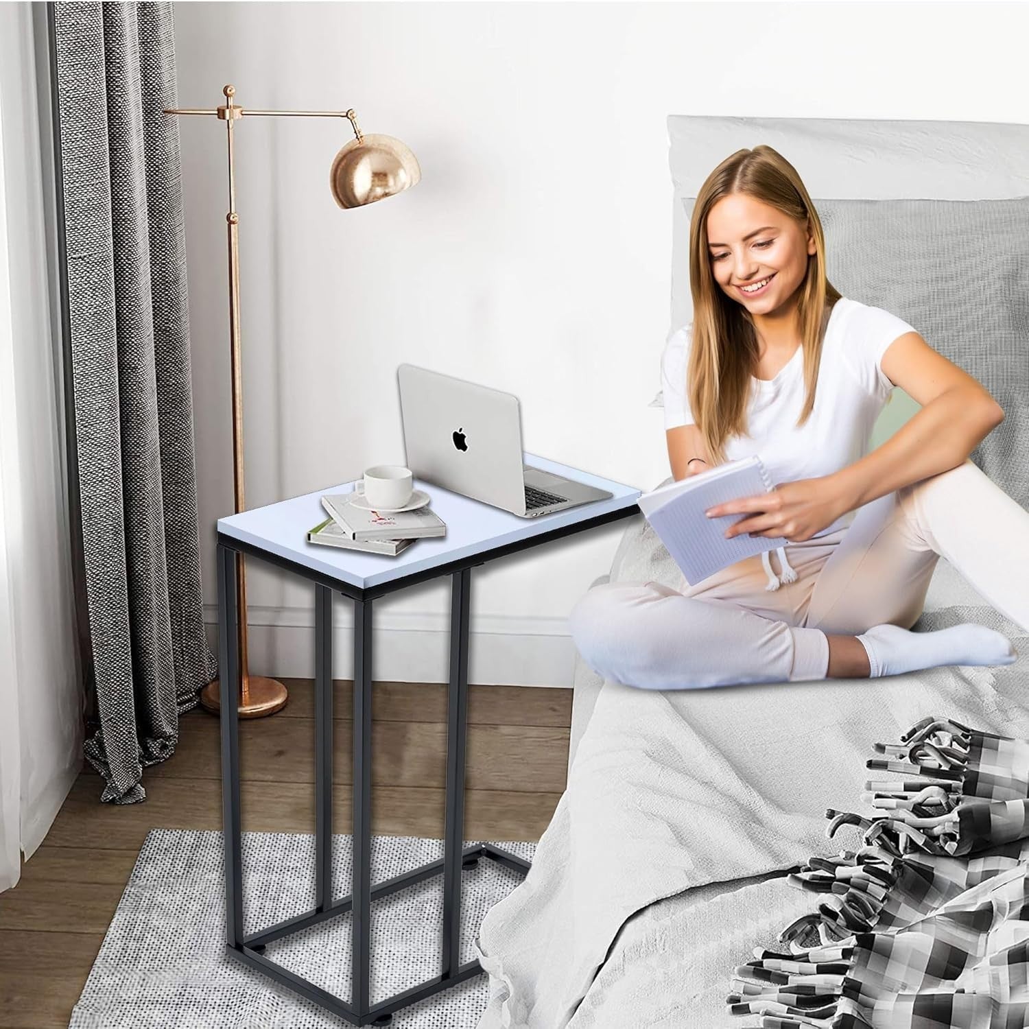 C Shaped Side Table, White Coffee & Laptop Table for Sofa, Space Saving