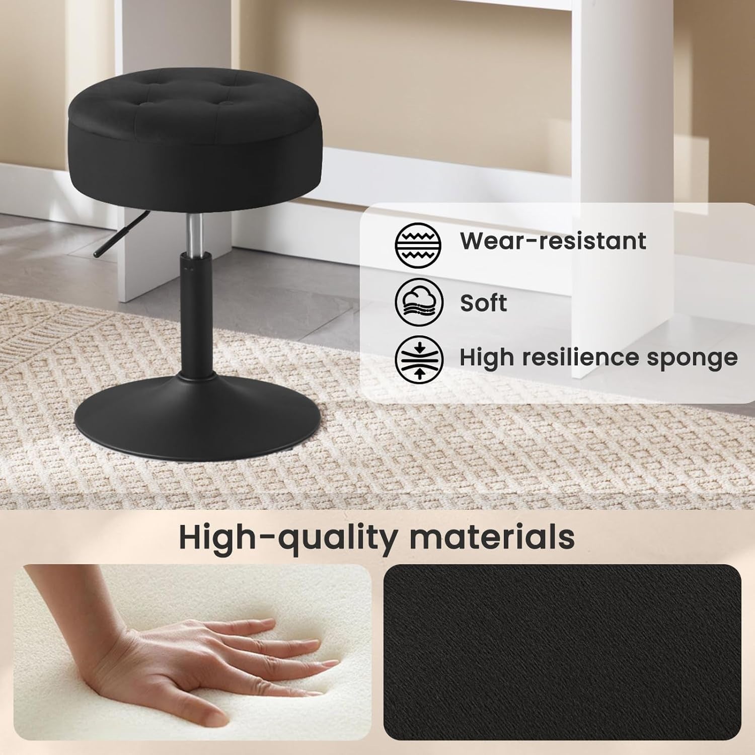 Black Velvet Swivel Stool with Storage Round Adjustable Dressing Table Seat