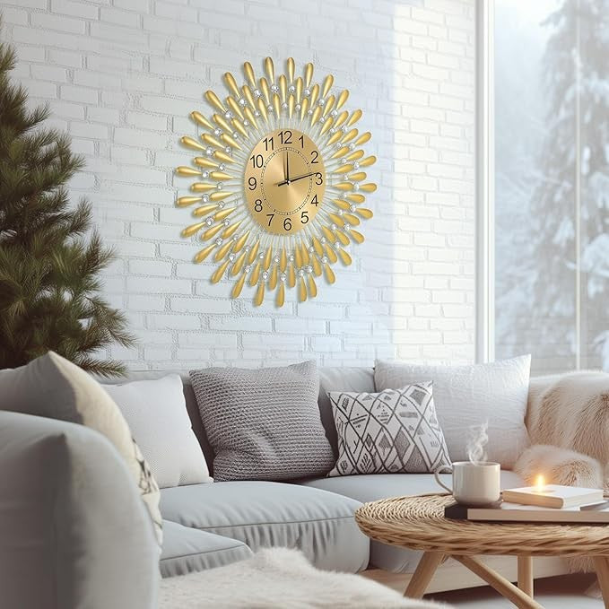 60cm Gold Sunflower Wall Clock Silent Modern Large Metal Decorative Clock
