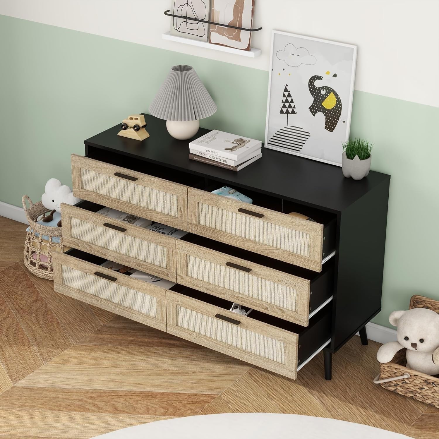 Black Rattan Chest of Drawers 6 Drawer Storage Cabinet for Bedroom