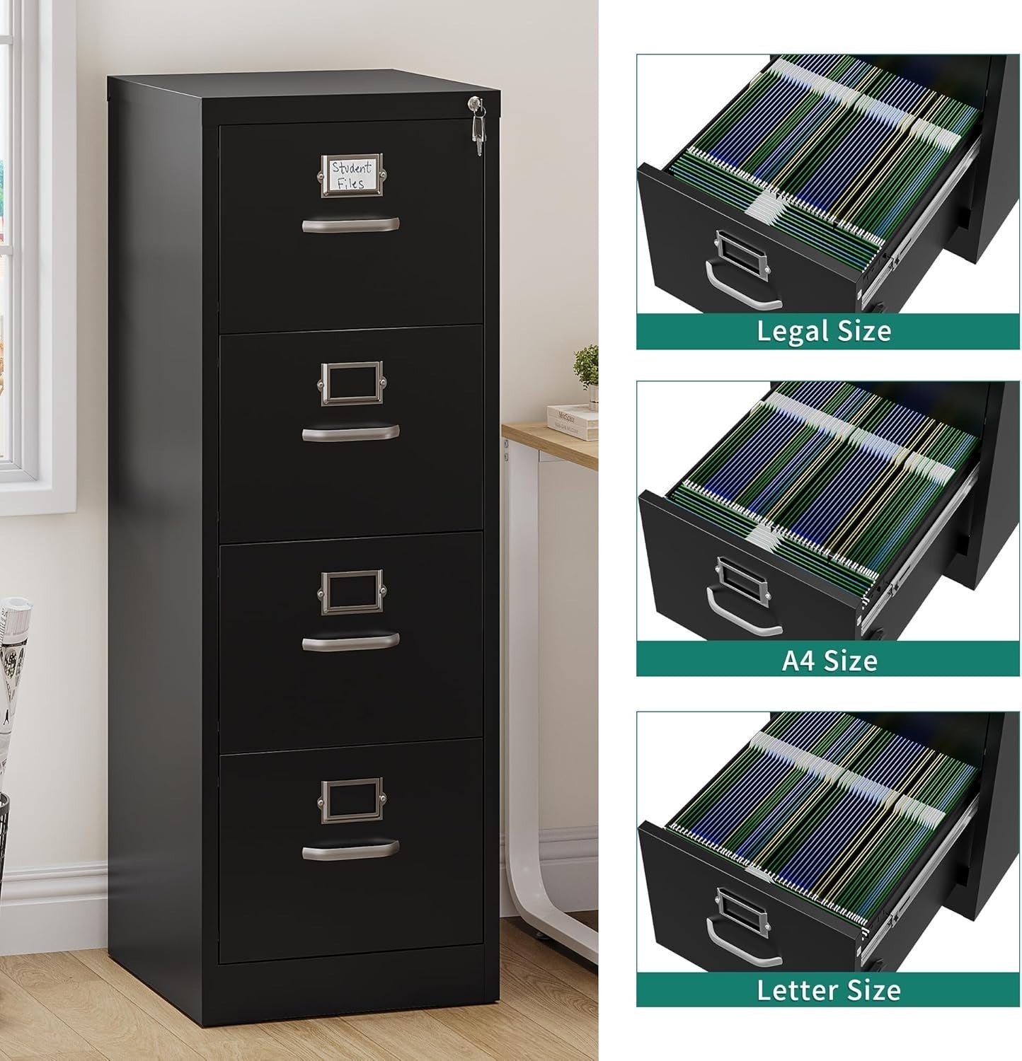 Black 4 Drawer Locking Filing Cabinet Steel A4 Legal Vertical Storage Safe