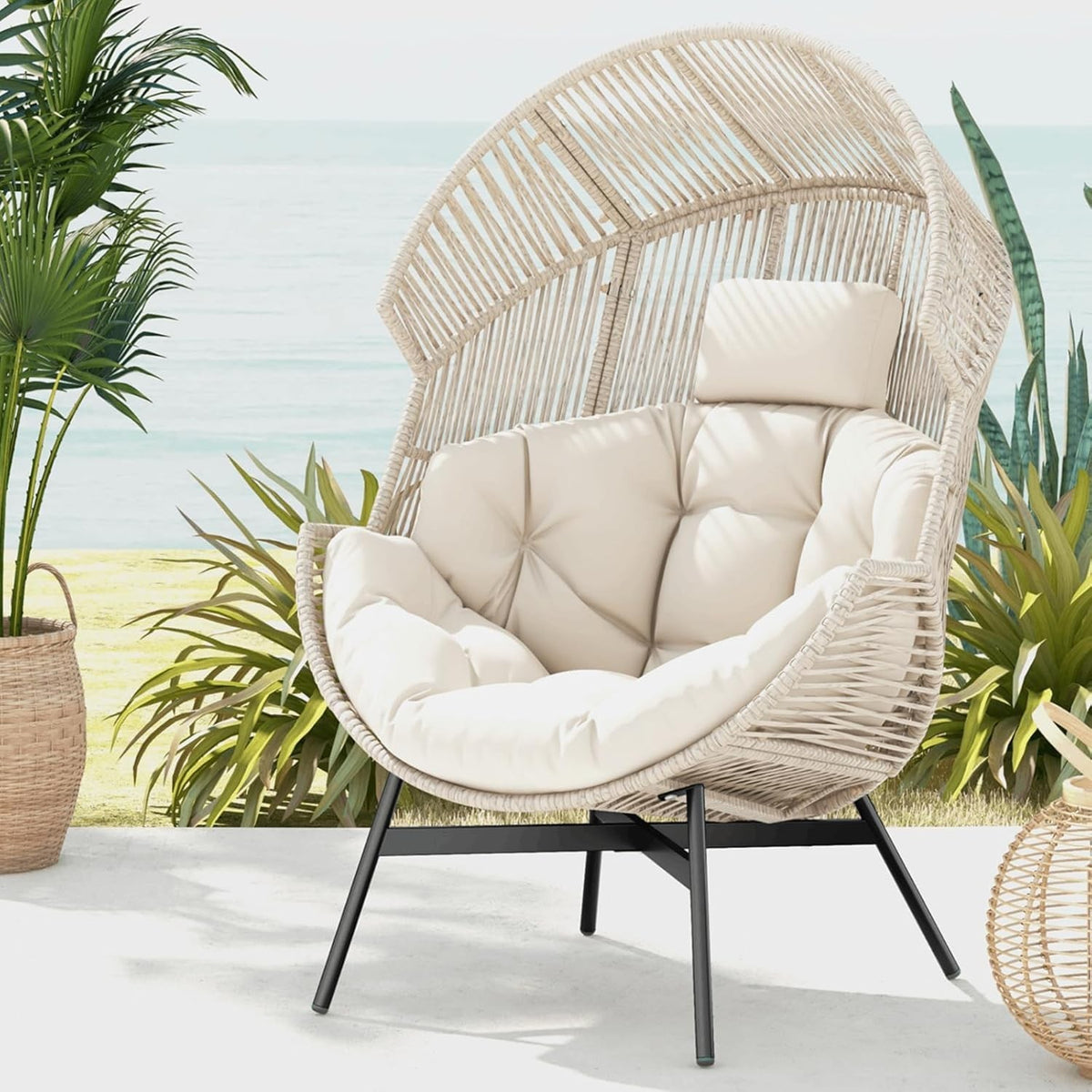 Oversized Rattan Egg Chair Freestanding Cushioned Teardrop Lounge Seat
