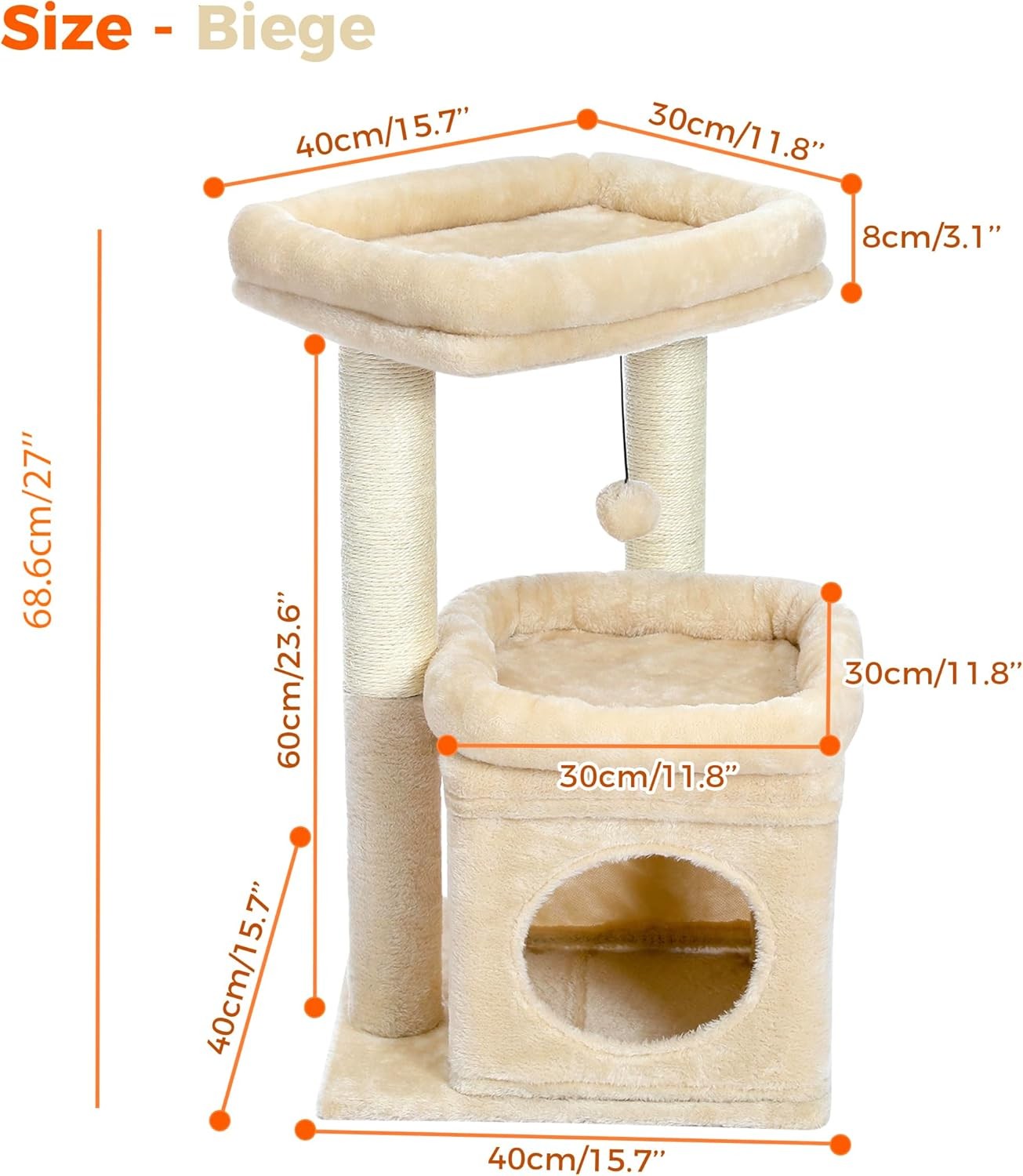 Small Cat Tree Tower with Condo Top Perch Sisal Scratching Post Beige