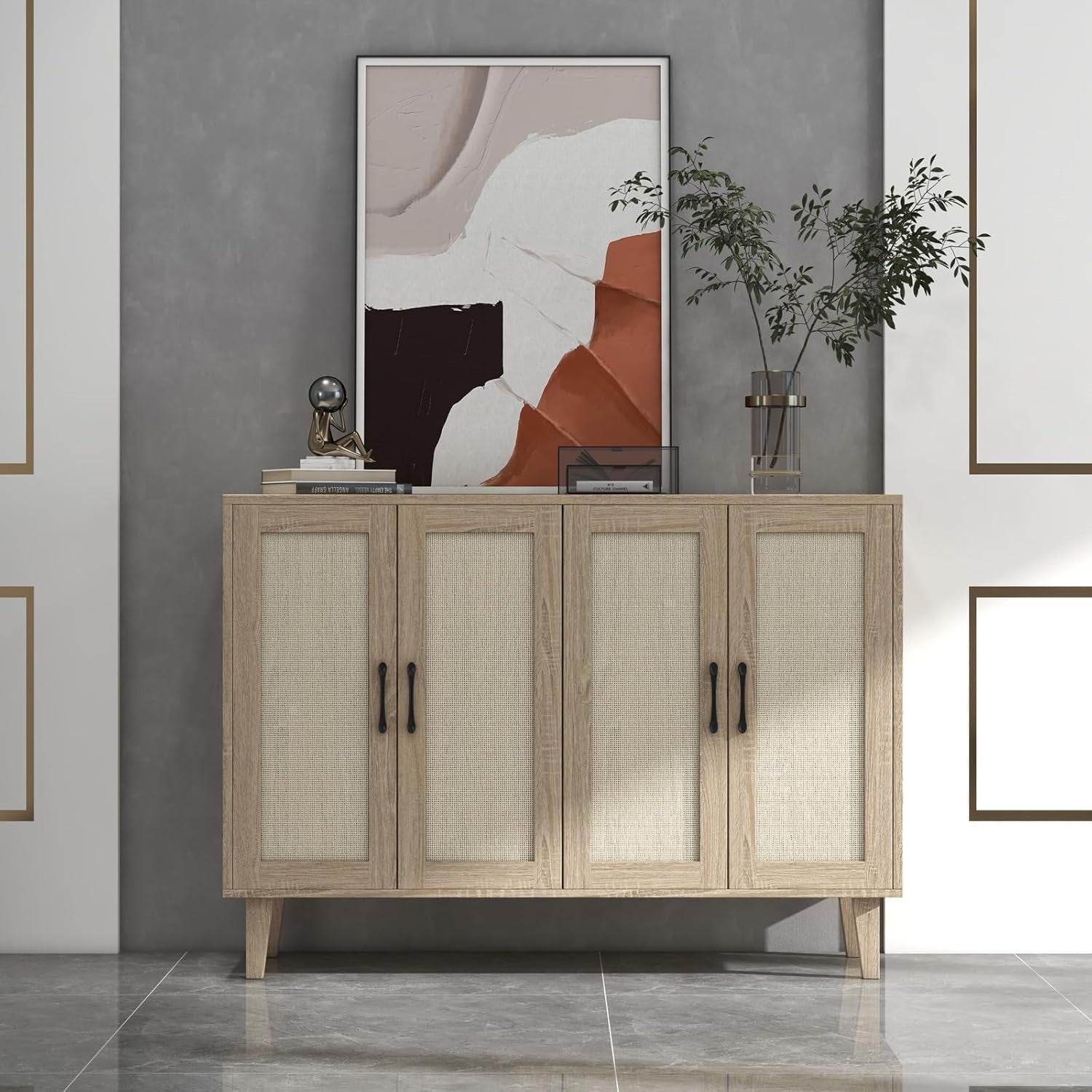 Natural Wood Buffet Storage Cabinet with Rattan Doors Adjustable Shelves