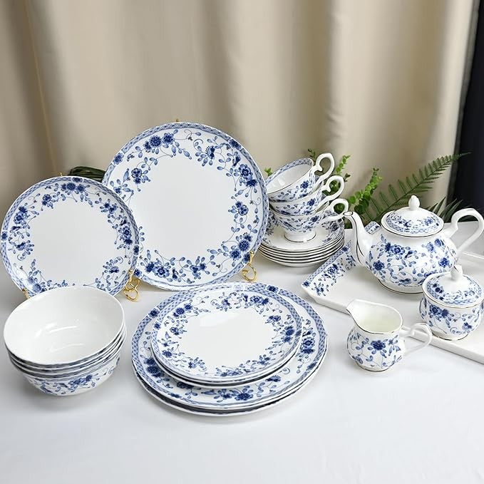 12pc Bone China Dinnerware Set Blue White Plates Bowls Service for 4