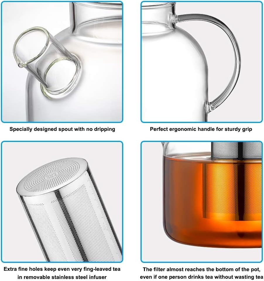 Glass Teapot 1500ml w/ Stainless Steel Infuser Stovetop Safe Clear Tea Pot