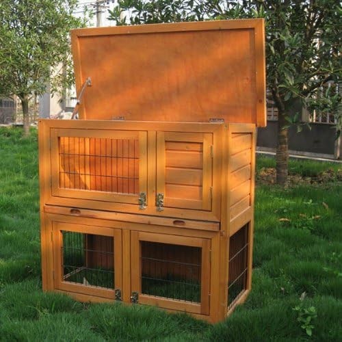 Rabbit Hutch Double Decker Outdoor Wooden Guinea Pig Cage with Ramp Tray