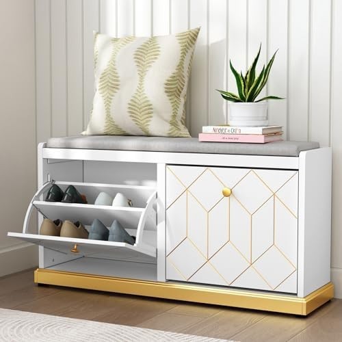 White Shoe Storage Bench with Cushion & Flip-Drawer for Hallway Entryway