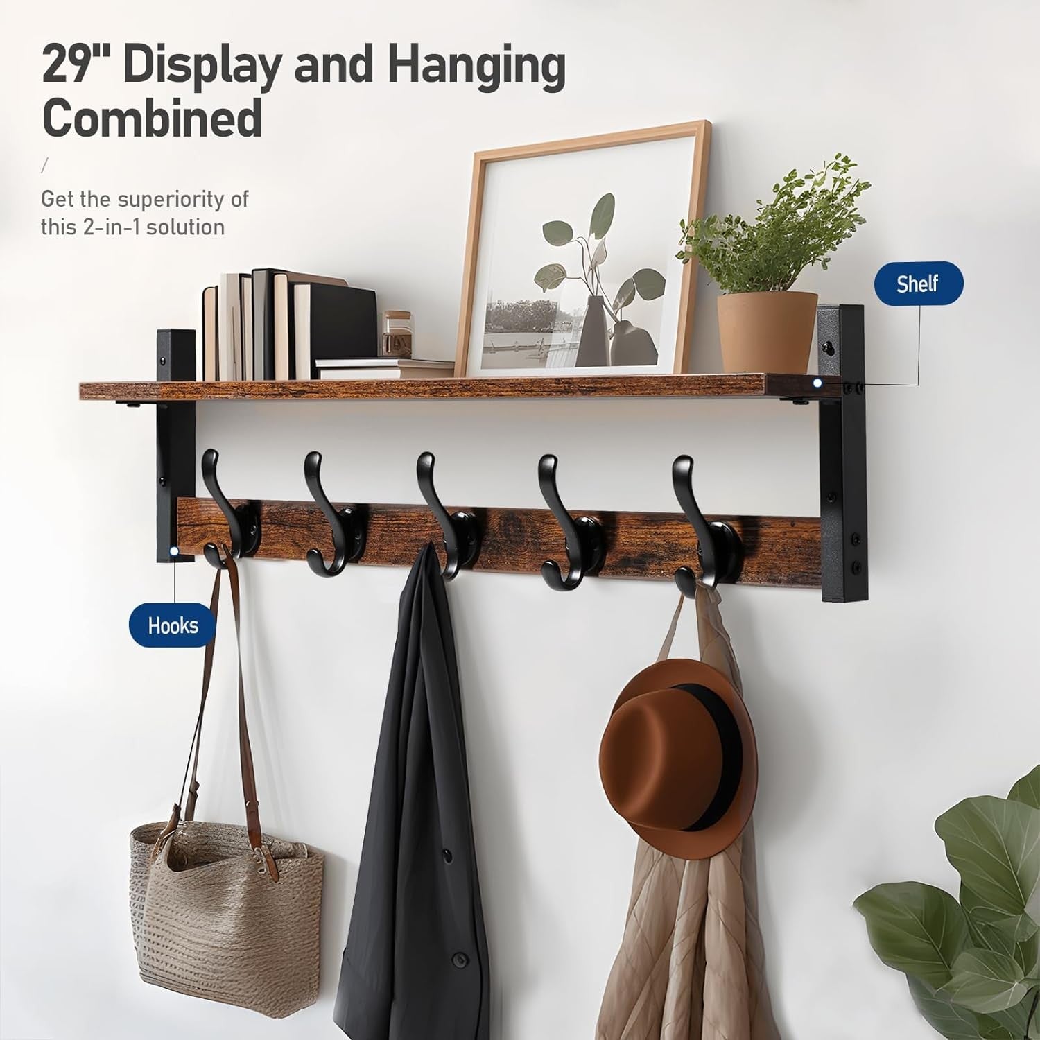 Rustic Brown Black Wall Mounted Coat Rack with Shelf | 29” Hooks Entryway