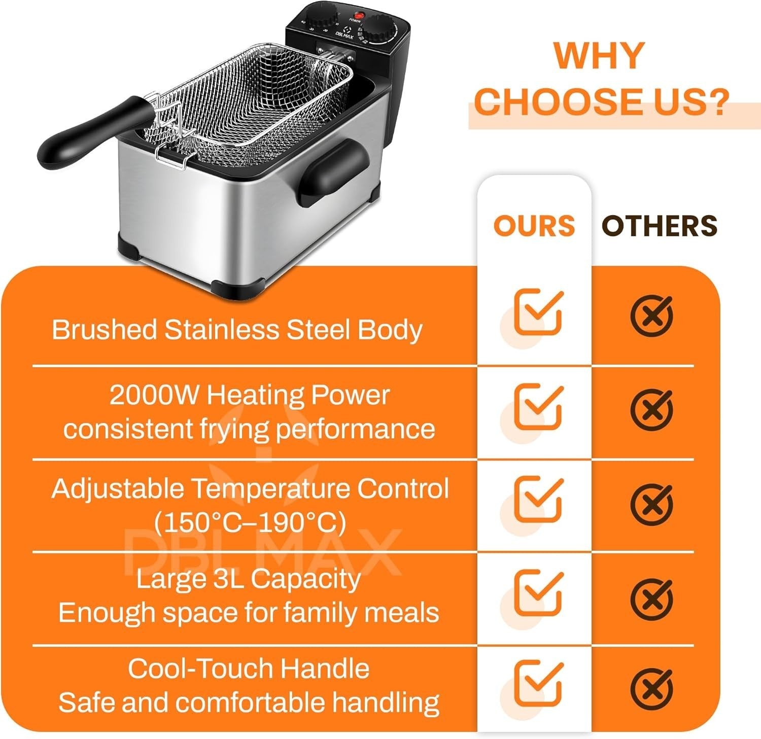 3L Electric Deep Fat Fryer Stainless Steel Adjustable Temp Viewing Window
