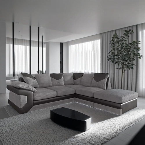 5-Seater Grey Black Cord Leather L Shape Corner Sofa Modular Scatter Back