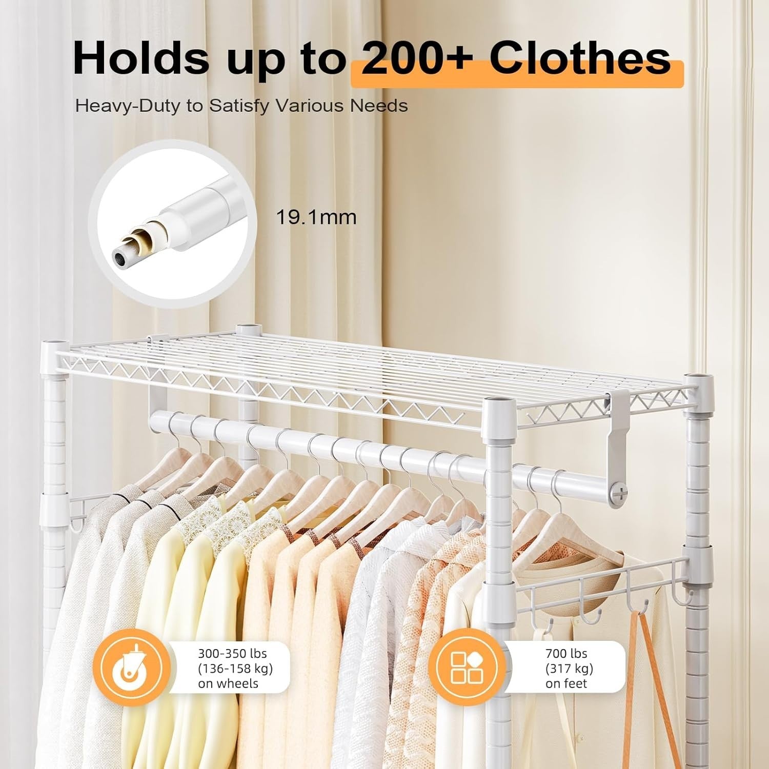 Heavy Duty White Garment Rack – 3 Tier, 2 Rods, 189cm with Wheels