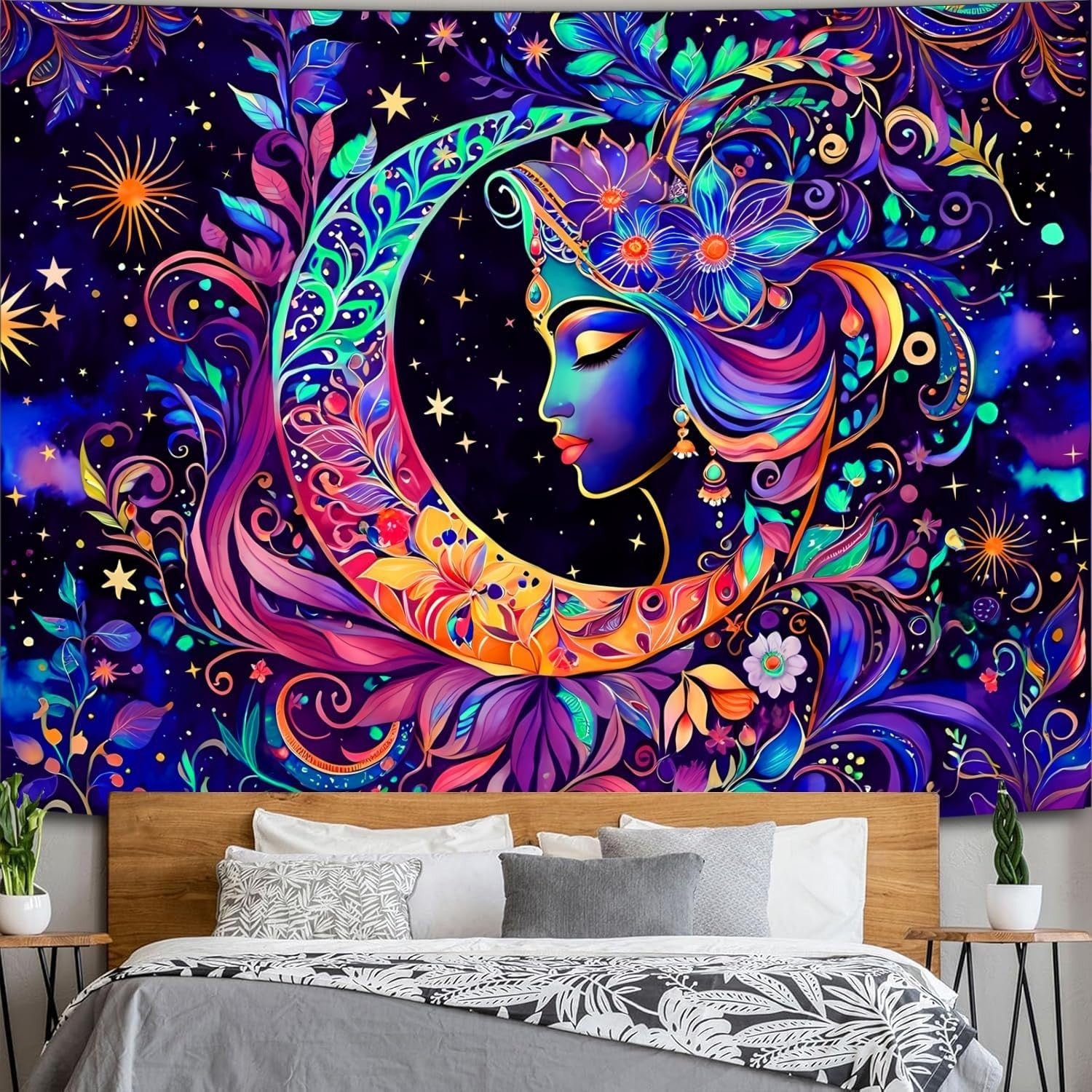 UV Reactive Moon & Star Mandala Tapestry Boho Wall Art