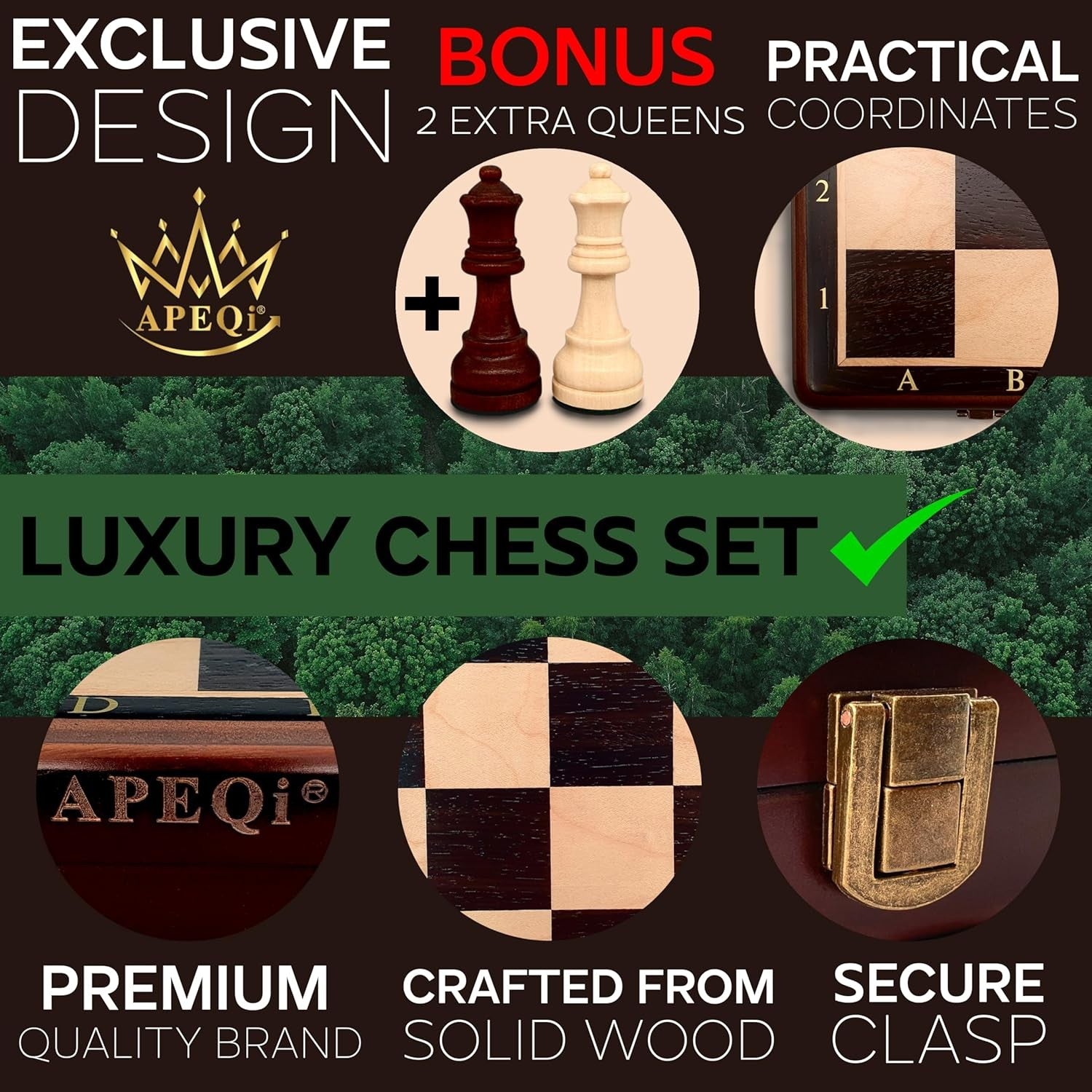 15" Magnetic Wooden Chess Set Luxury 38cm Folding Board + Extra Queens