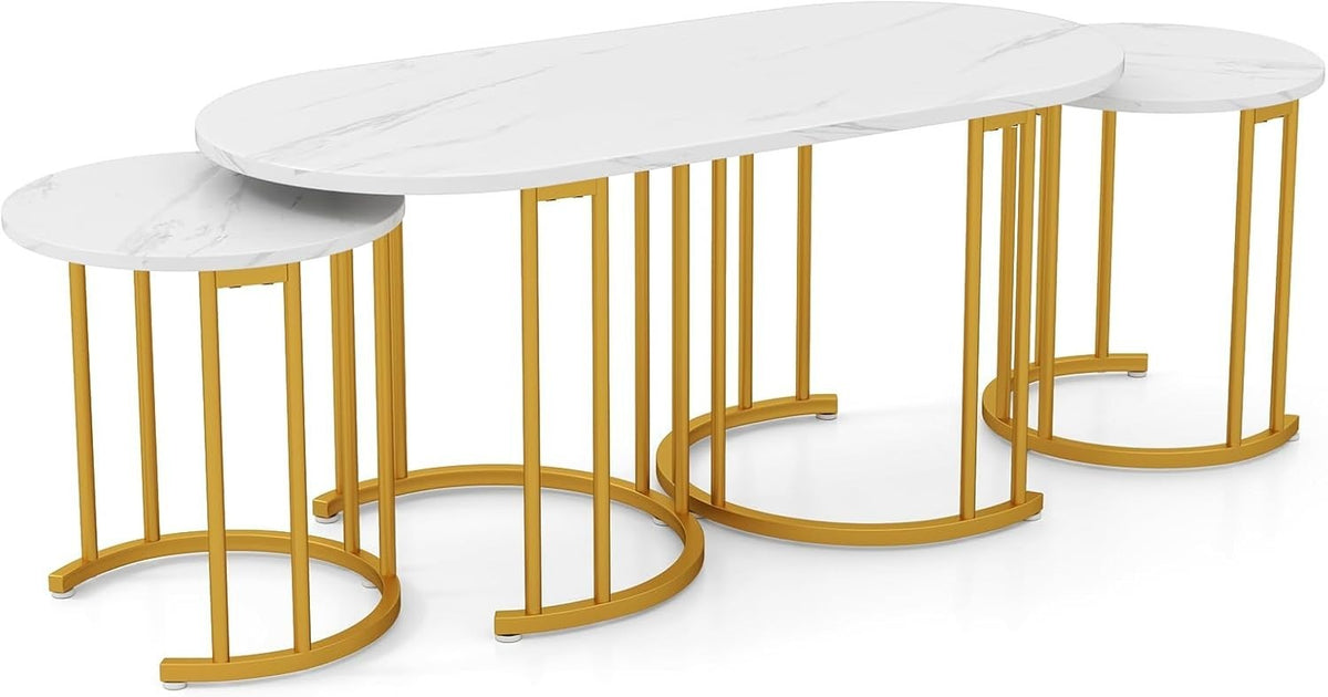 3-Piece Nesting Coffee Table Set Faux Marble White Gold Metal Legs Round Oval