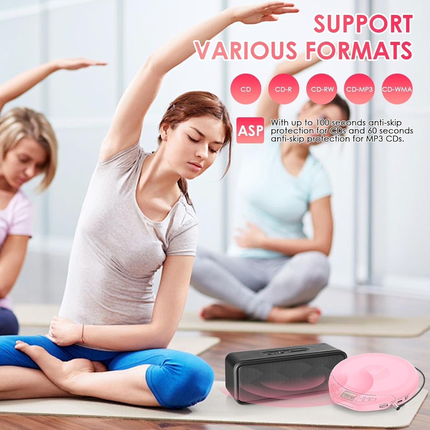 Personal CD Player Portable Anti-Skip LCD Display AUX Car Earphones Pink