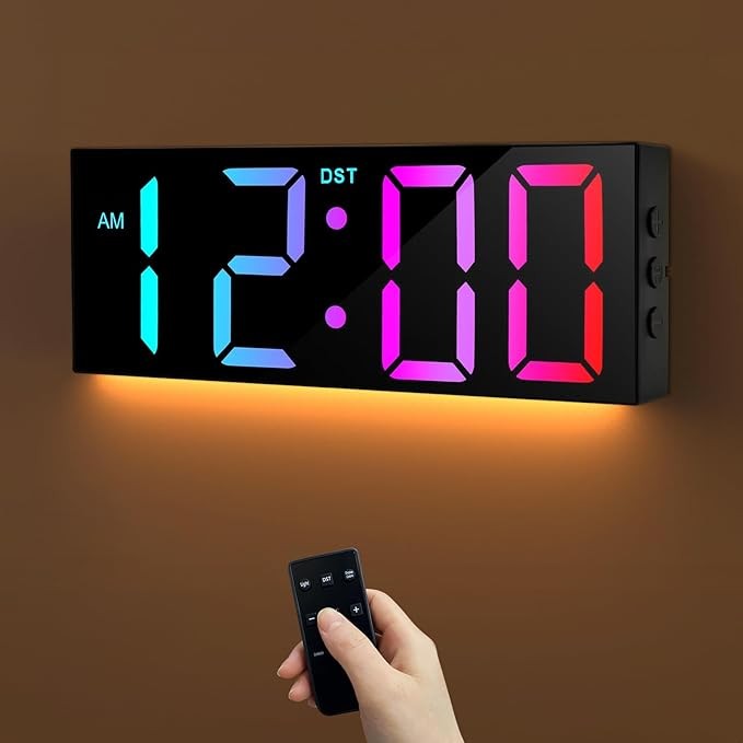 Large RGB Digital Wall Clock 12" LED Display Auto-Dim Night Light Bedroom Office