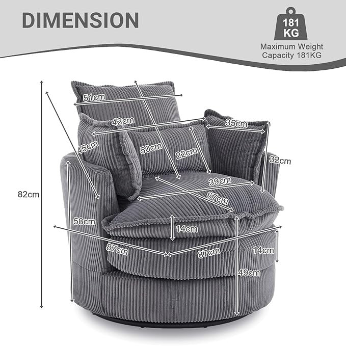 Grey Swivel Barrel Accent Chair 360° Rotating Cuddle Tub Sofa