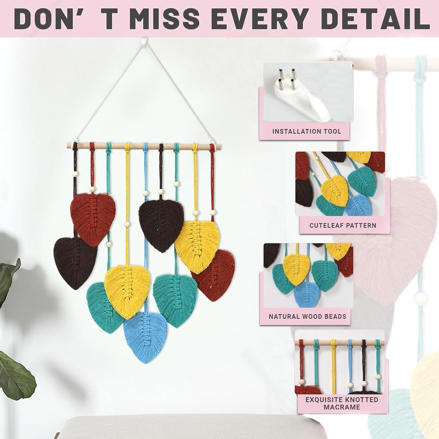Colourful Boho Macrame Leaf Wall Hanging 40x80cm Cotton Tapestry