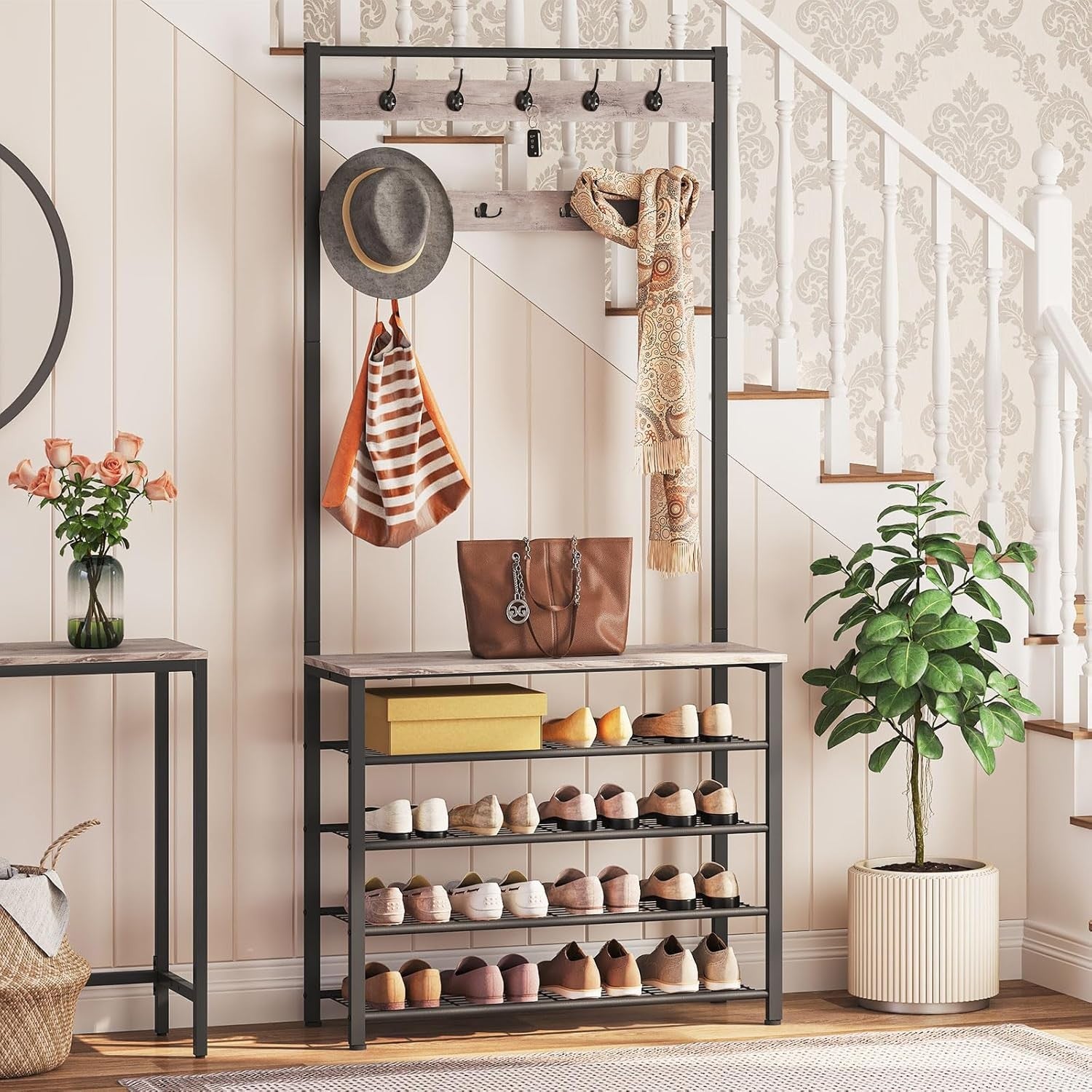 Greige Coat Rack with Shoe Bench & 9 Hooks | Industrial Hall Tree Organizer for