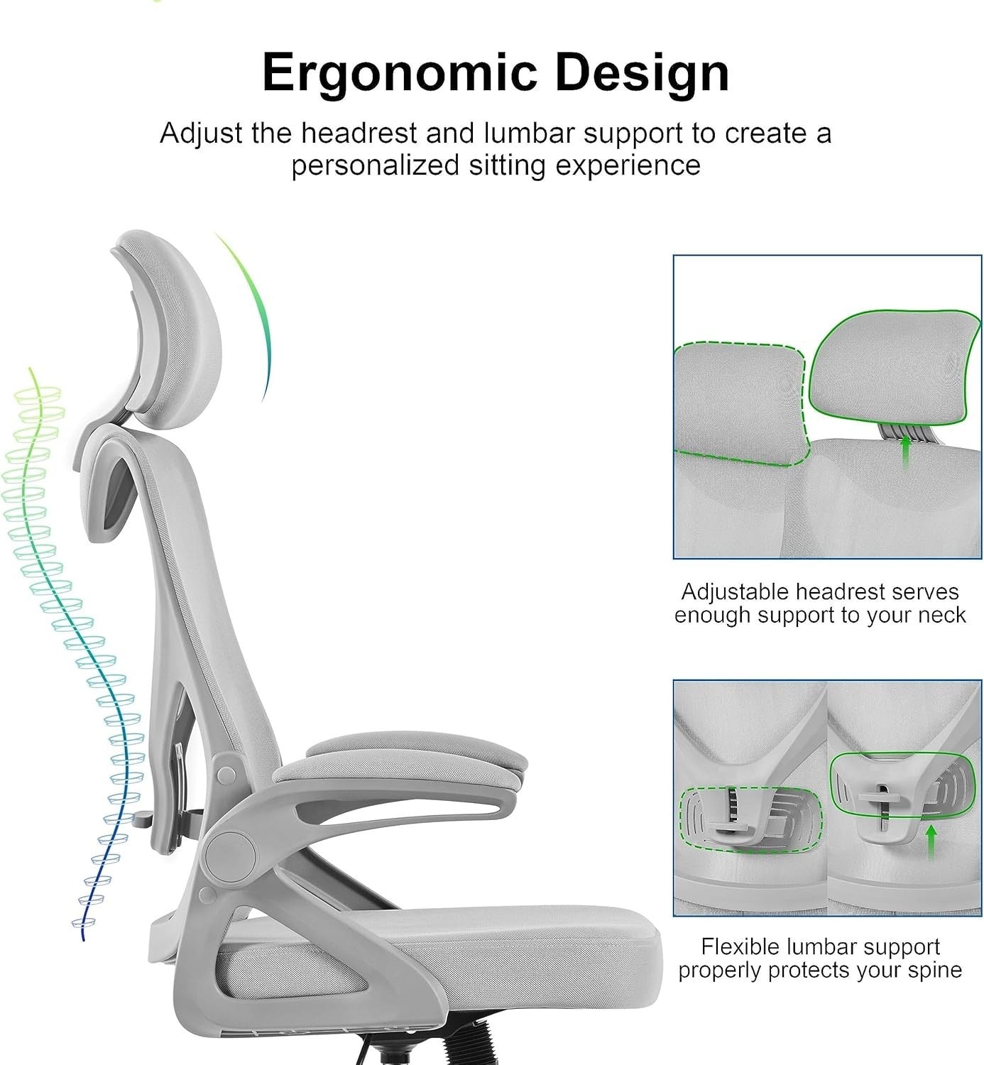 Ergonomic Mesh Office Chair Cushion Seat Headrest Adjustable Lumbar Support Grey