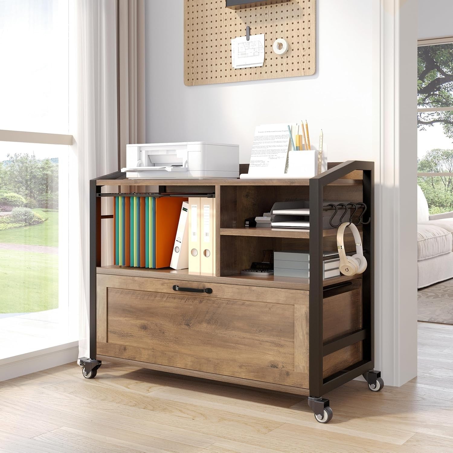 Rustic Oak Rolling Lateral File Cabinet Printer Stand Legal Letter