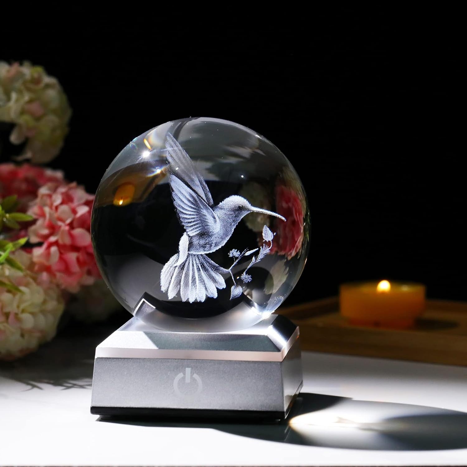 3D Crystal Hummingbird Ball LED Light 8cm K9 Glass Ornament Gift Home Decor