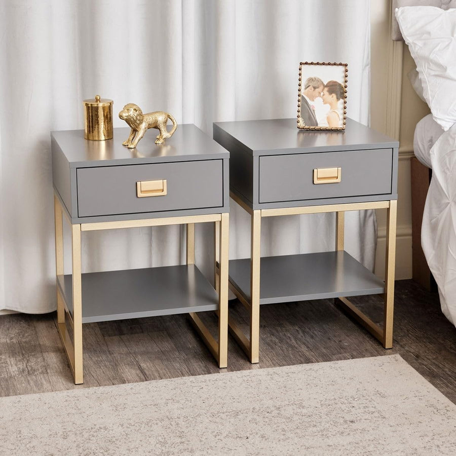 Pair of Grey Bedside Tables with Drawer & Gold Legs – Modern Slate Nightstands