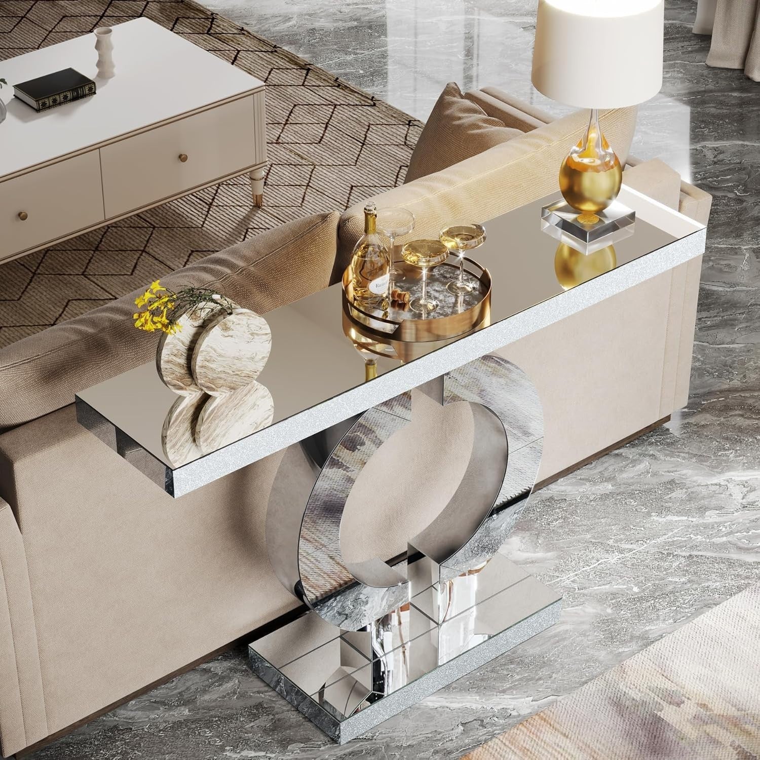 Mirror Console Table Glass Hallway Entryway Desk O-Shape Base 43” Elegant