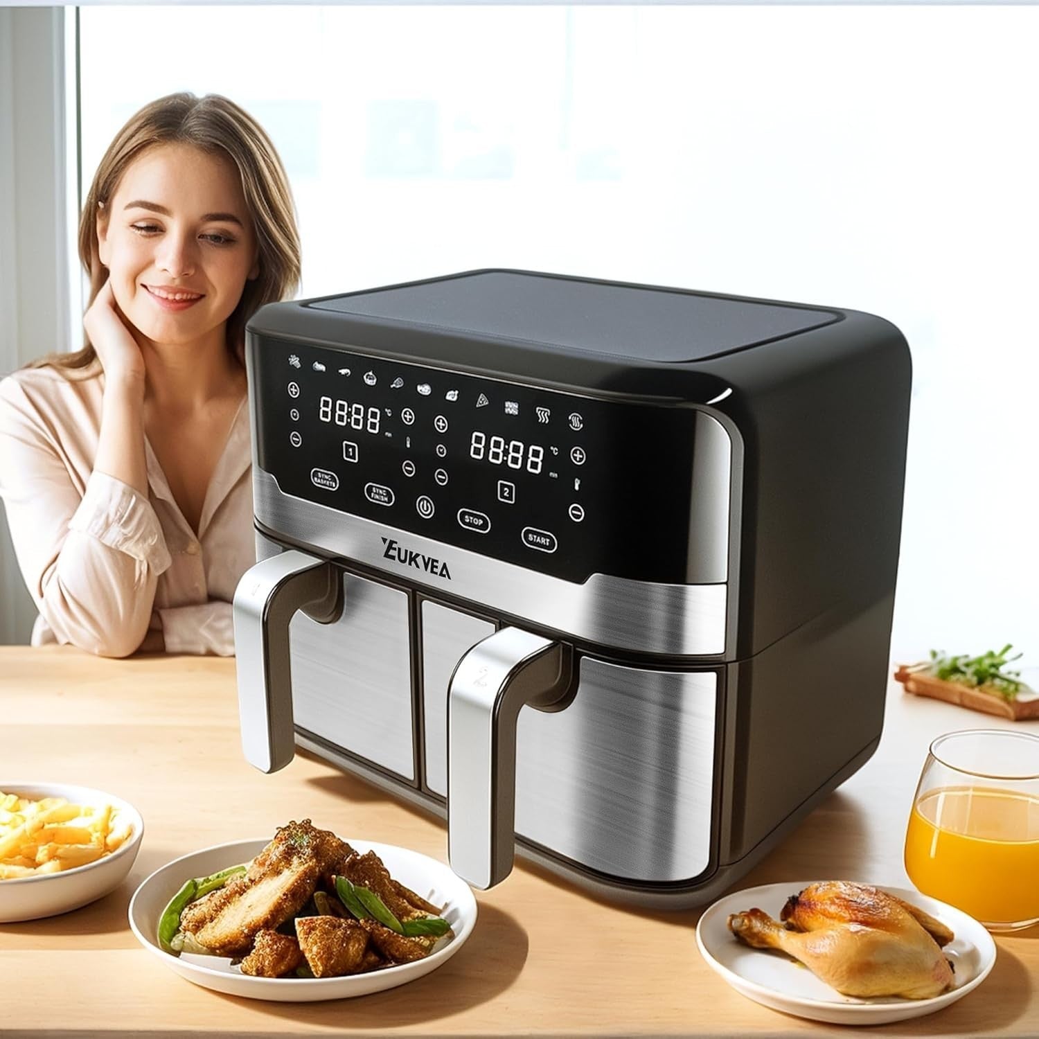 9L Dual Drawer Air Fryer 2400W 11 Presets Sync Finish No Oil Touchscreen