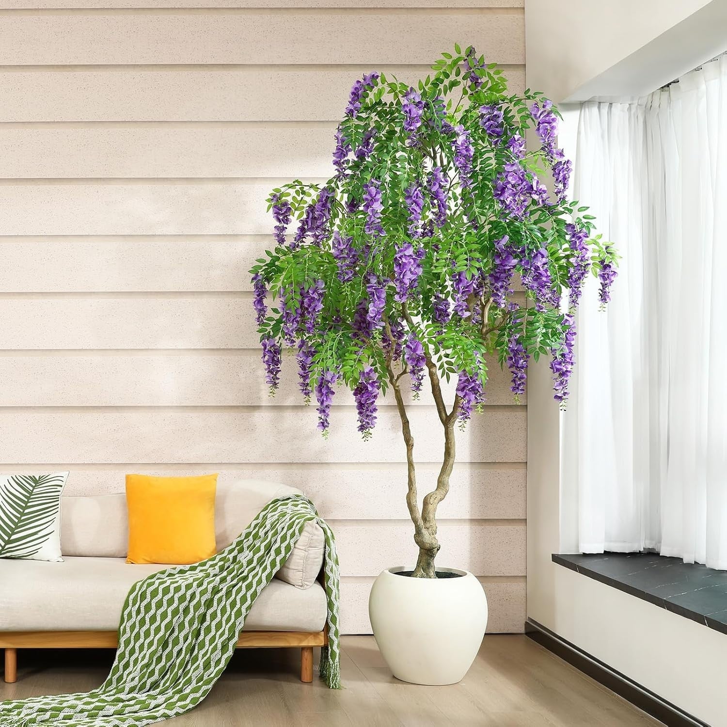 8ft Artificial Wisteria Tree in White Planter Faux Blooming Purple Indoor Decor