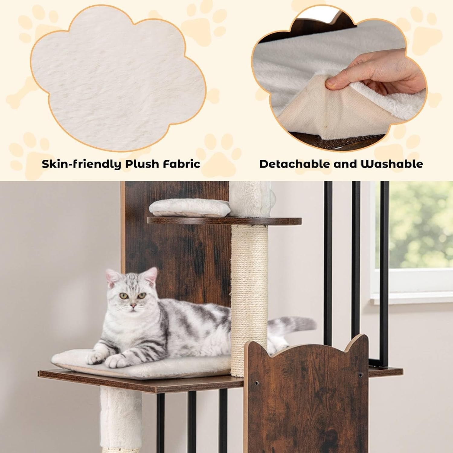 Modern Cat Tree Tower 112cm Multi Level Wooden Scratching Post Play Centre